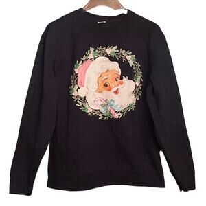 Christmas Santa Women’s Size Medium Sweatshirt Black Floral Wreath Vintage Style
